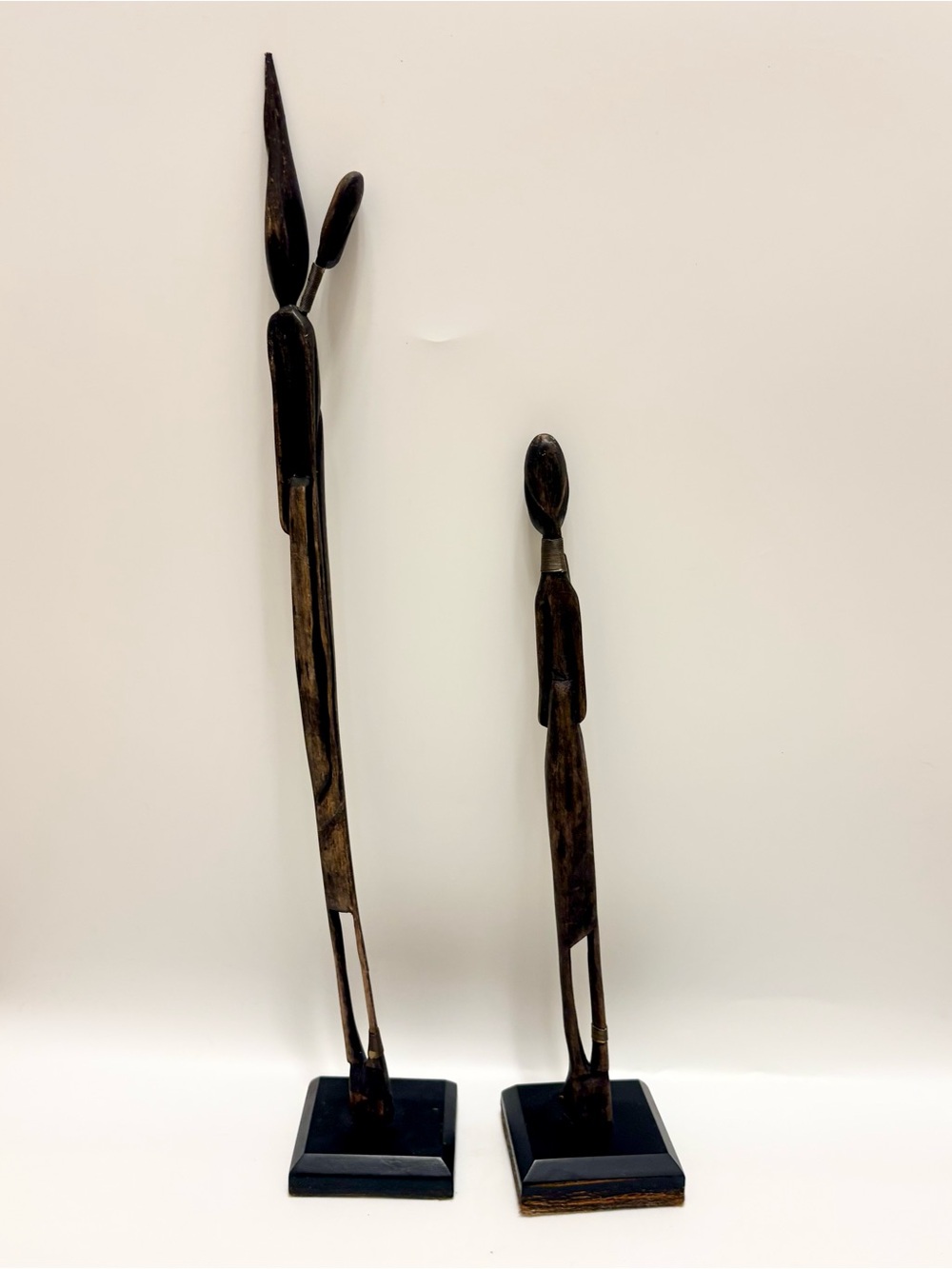 Vintage African Warrior & Praying Wood Sculpture Pair, Hand-Carved Ethnic